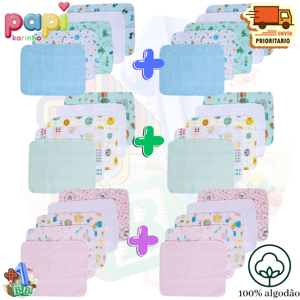 Kit Toalhinha De Boca Estampada Algodão 32x25cm - 10 Peças - kit higiene bebe