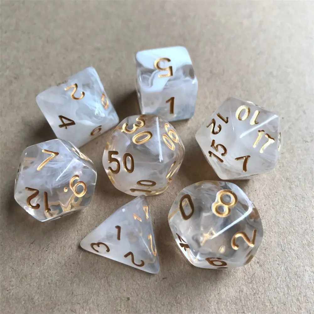 Conjunto 7 Dados Branco Translúcido RPG Conjunto White Kit Jogo de D4 D6 D8 D10 D10% D12 D20 Para RPG De Mesa Tabuleiro Jogo Modelo Translúcido