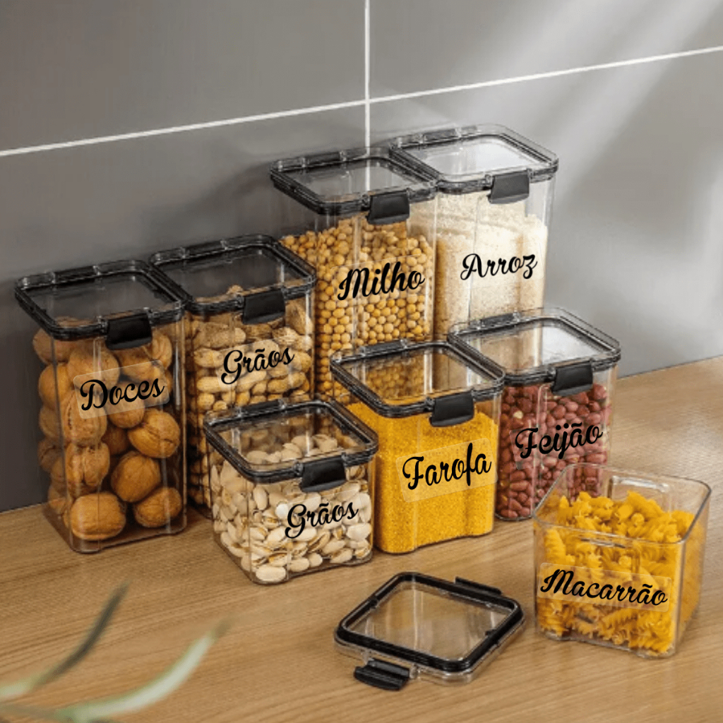 Super Kit 8 Potes Herméticos com Trava Empilhável Transparente Resistente Para Alimentos Mantimentos