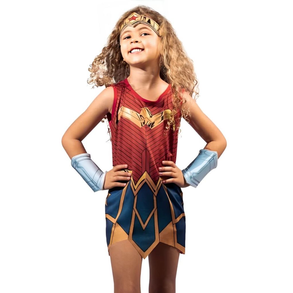 Fantasia Mulher Maravilha Infantil Vestido Tiara Bracelete Menina Novabrink