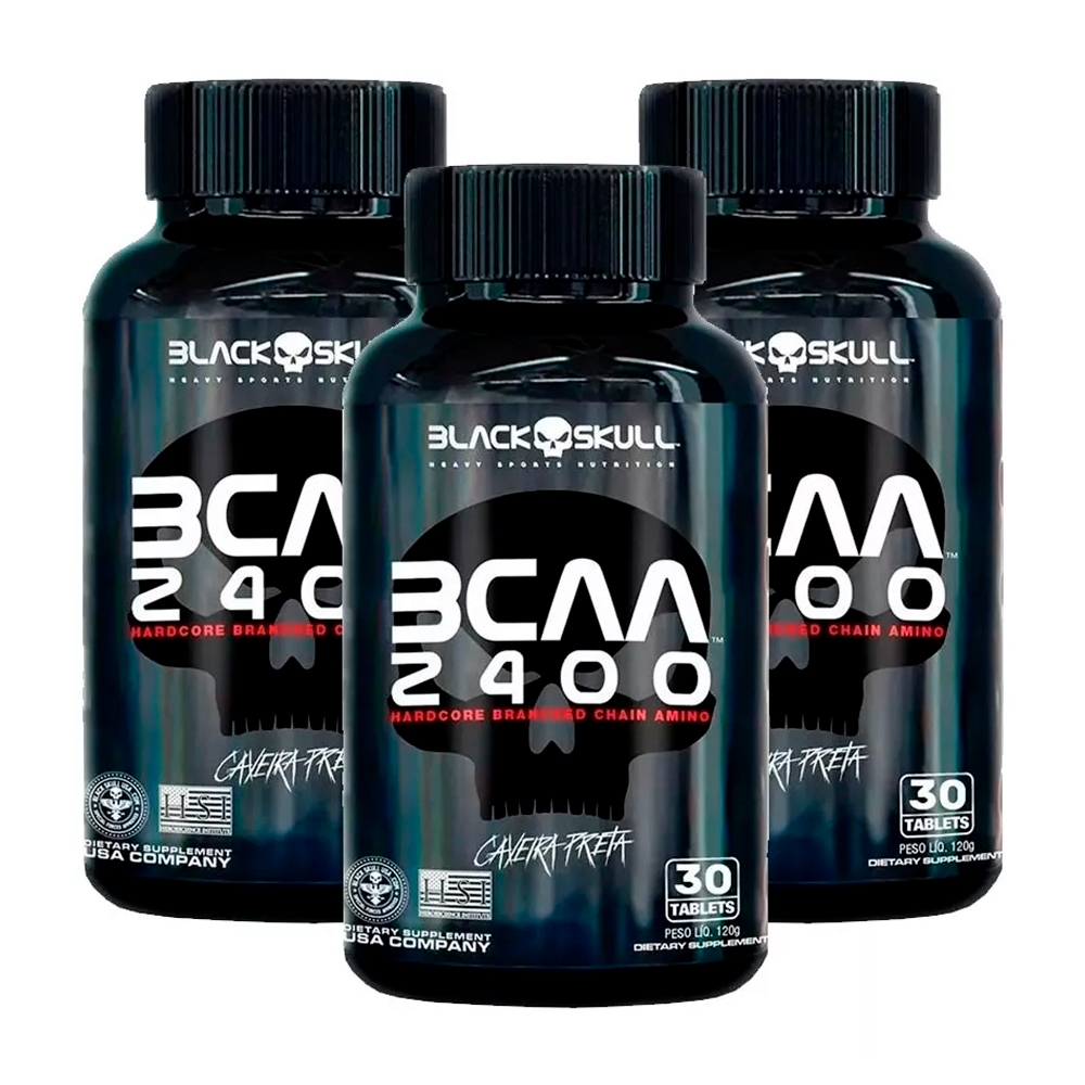 Kit 3x Bcaa 2400 - 30 Tabletes cada - Caveira Preta / Black Skull