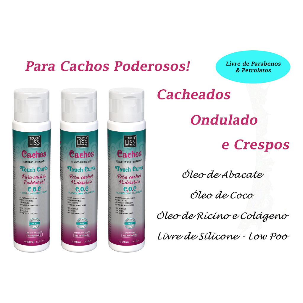 Kit 2 Shampoo Hidratante 400ml + 1 Condicionador Hidratante 300 ml Touch Curls Cachos - Touch Liss