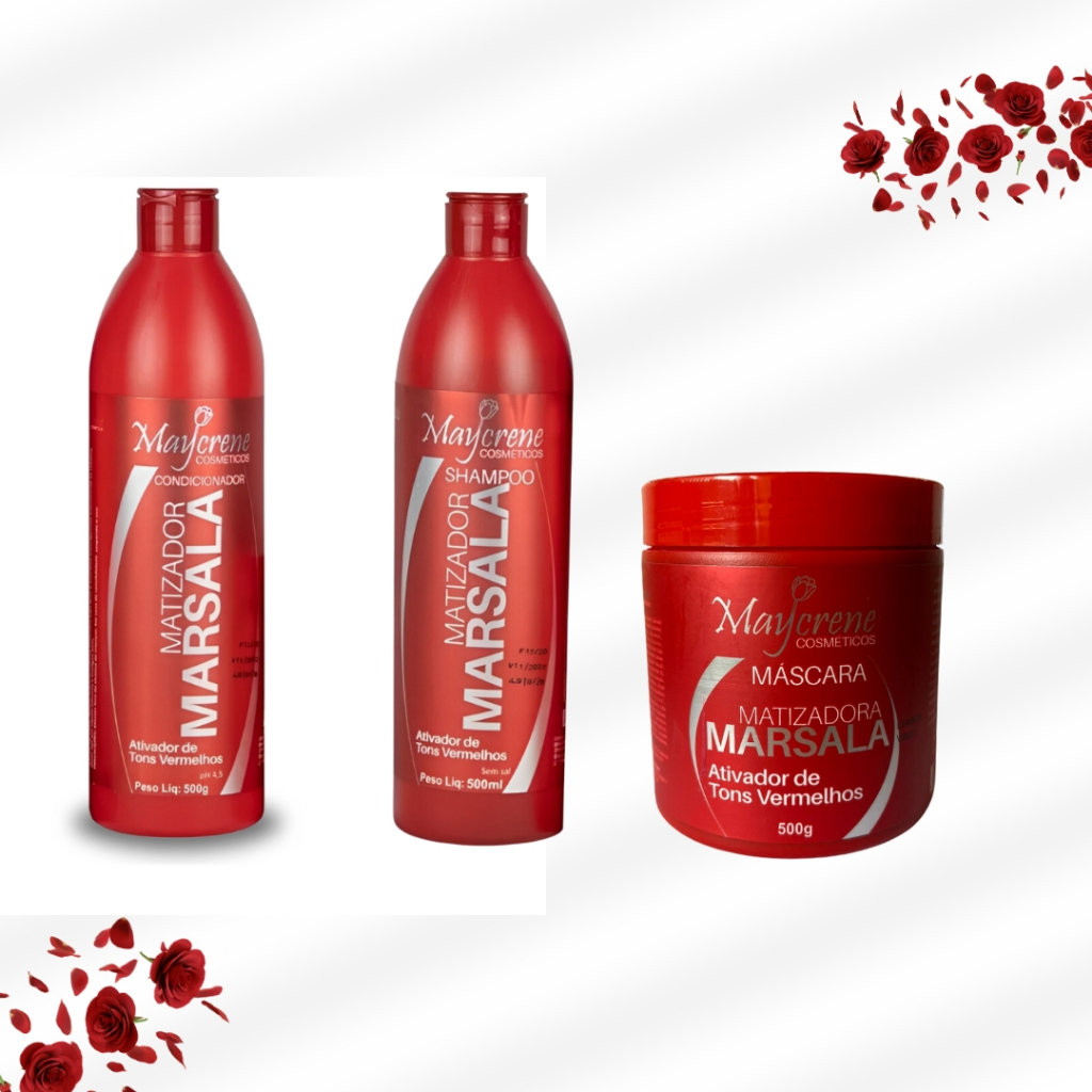 Kit 1 Shampoo + 1 Condicionador + 1 Mascara Marsala Maycrene 500ml em Oferta na Shopee