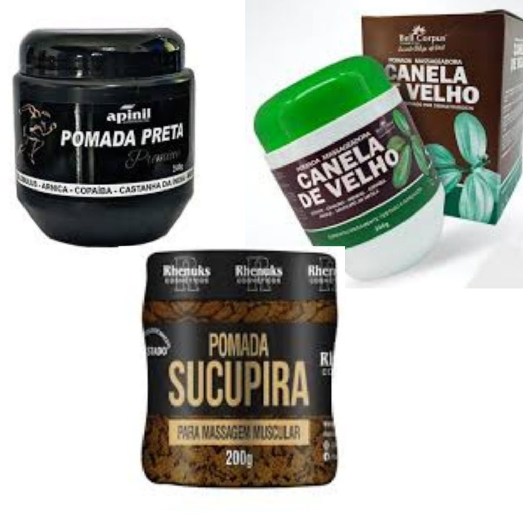 (KIT C/3) pomada preta, sucupira,Canela do velho, para massagem muscular