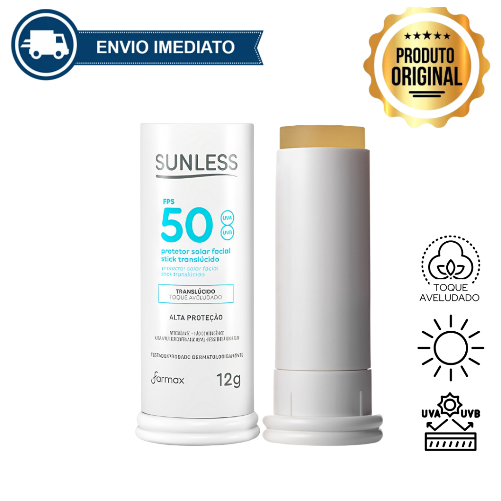 Protetor Solar Facial em Bastão Translúcido 12g FPS 50 Sunless Stick Envio Imediato