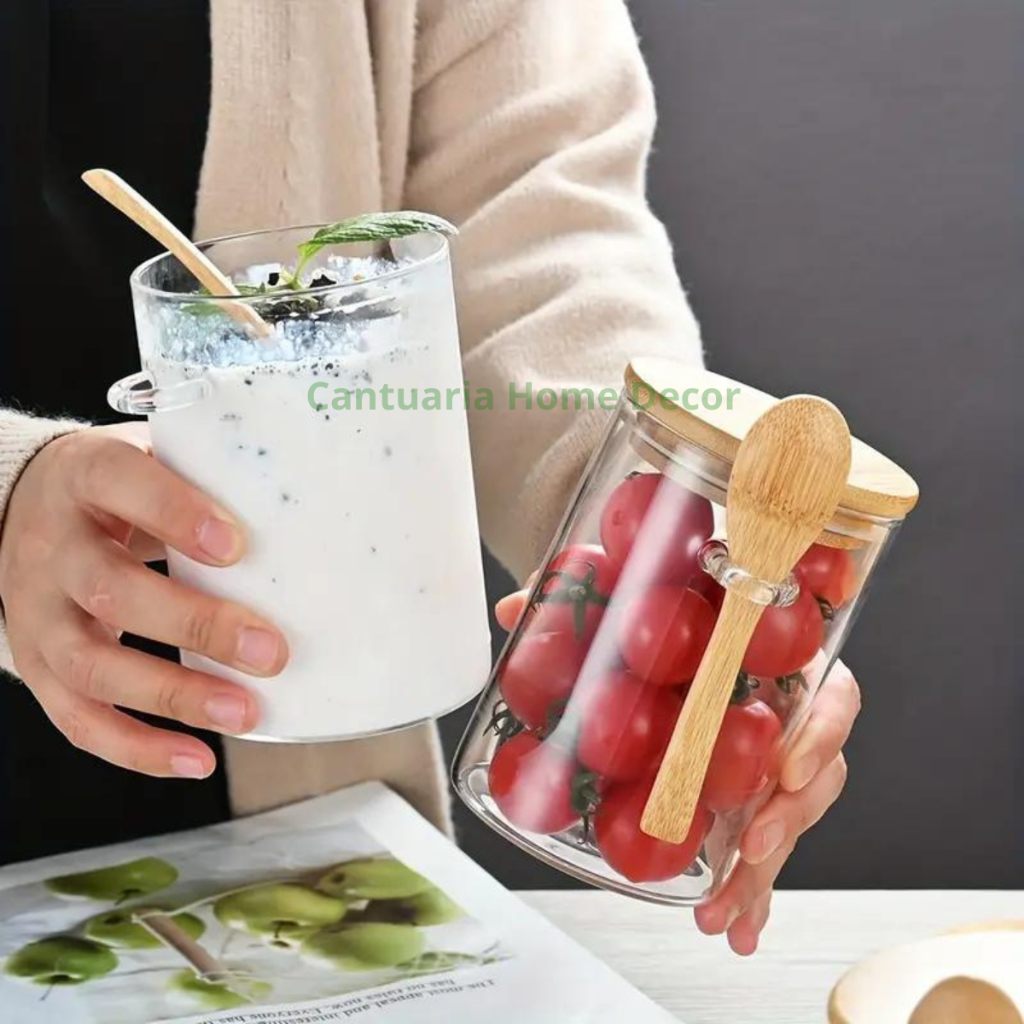 Pote Hermético Vidro Borossilicato com Tampa e Colher Bambu 550ml 450ml 400ml Cozinha Premium