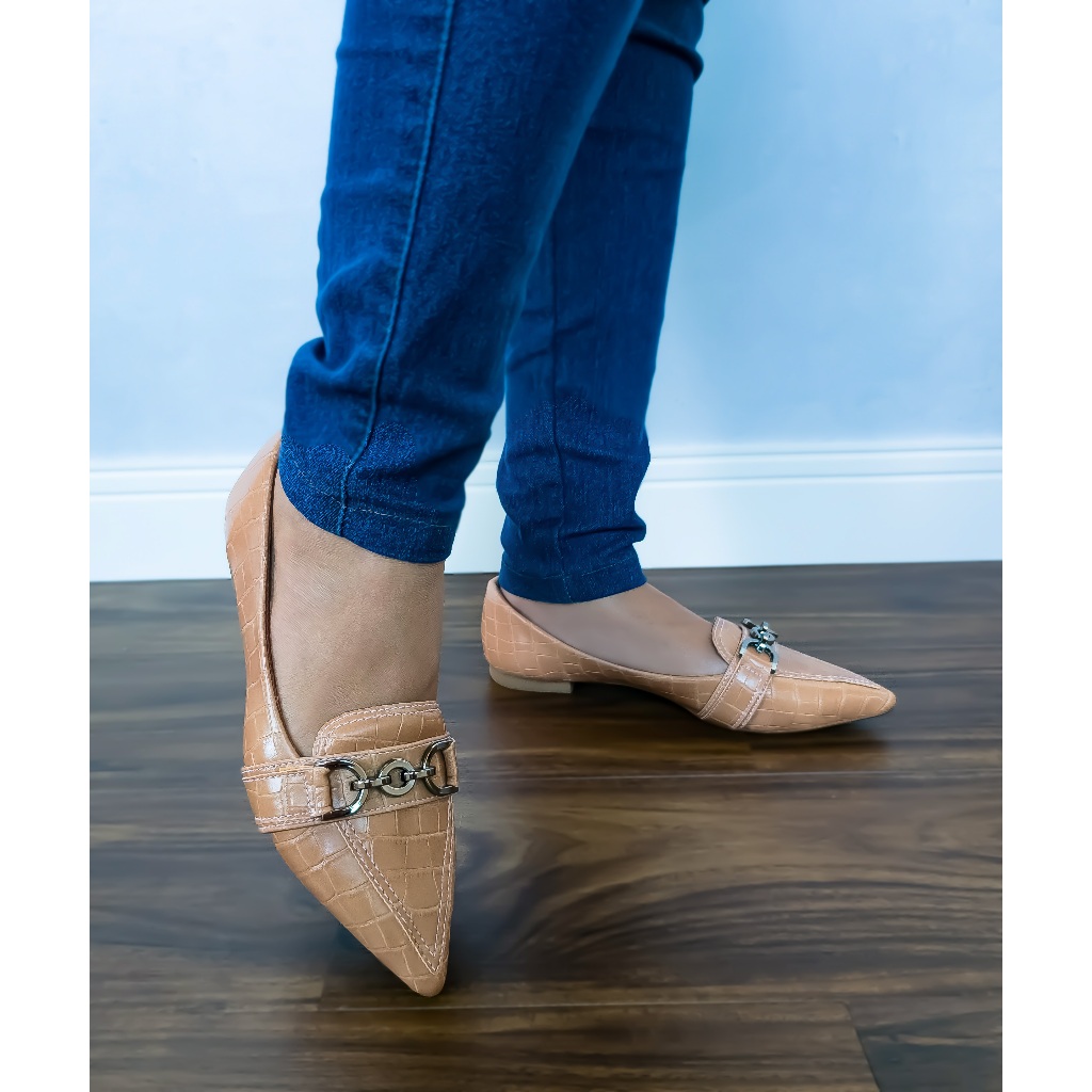 Sapatilha Mocassim Feminino Bico Fico Confortável Moda Pele Com Corrente Rasteira Feminina — imagem 2 de 2