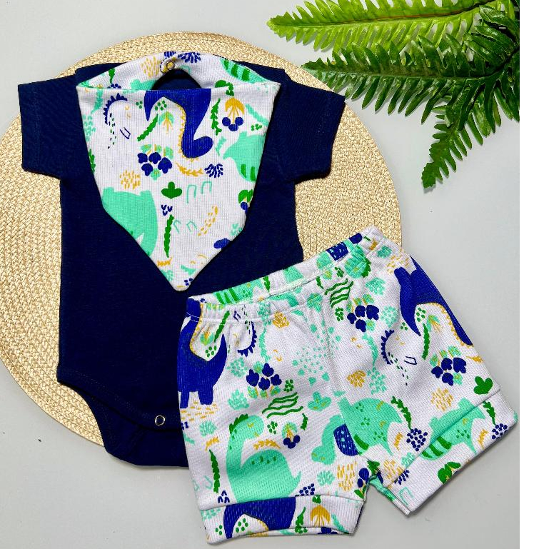 Conjunto Bebe Verão Menino Infantil Short, Body E Babador Bandana Roupinha de Bebê