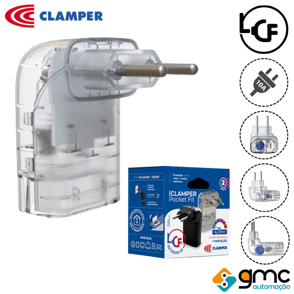 Protetor contra Surtos Elétricos e Raios DPS iClamper Pocket FIT 2 Pinos 10A Transparente LCF