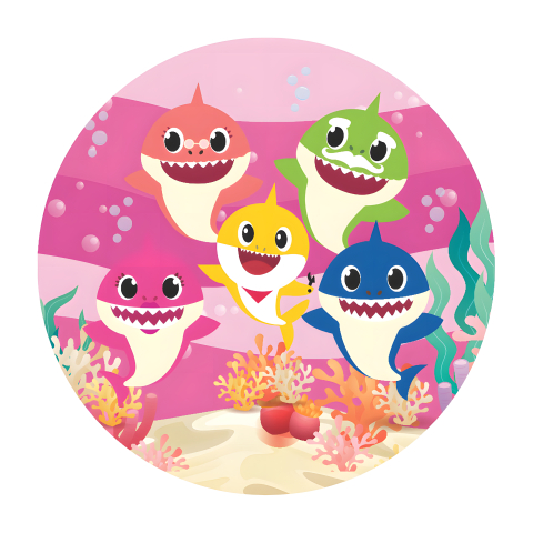 Painel Festa Infantil Redondo Baby Shark, Fundo Rosa, Temática para as Meninas + Arco, Suporte incluso. Fazemos personalizado com qualquer tema. Confeccionado em Lona fosca, impressão de alta resolução. cenário Circular p/ Decoração