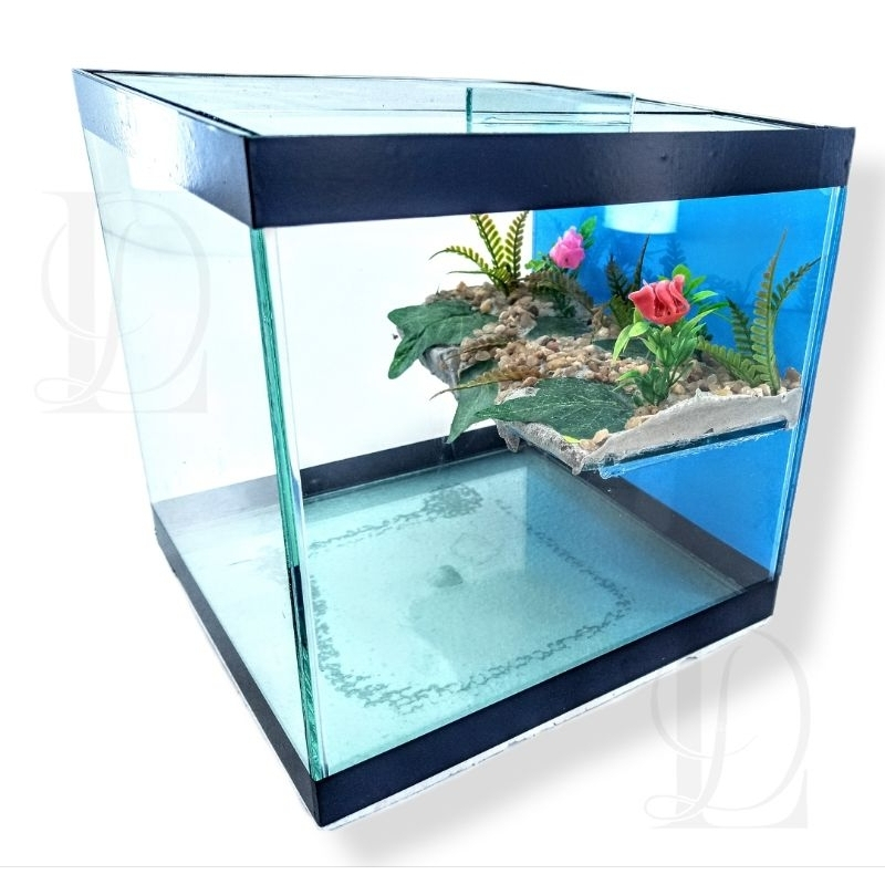 Terrário Cubo 20x20 Aquário Tartaruga Cagado Plataforma decorado com plantas e cascalho nano peixes presente