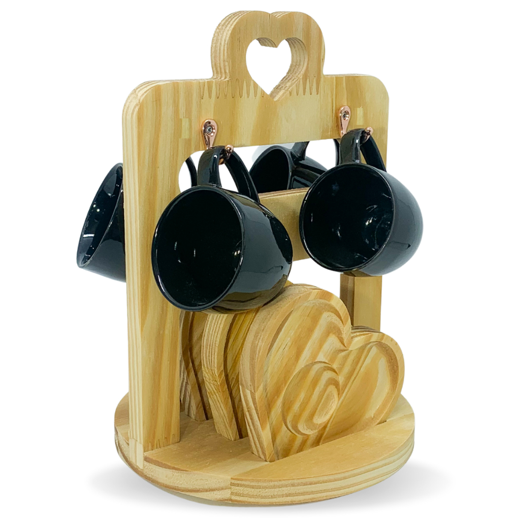 Kit Xicaras De Café Porcelana Preta Chicara Café Chá Com Suporte e Pires Coração 95ml