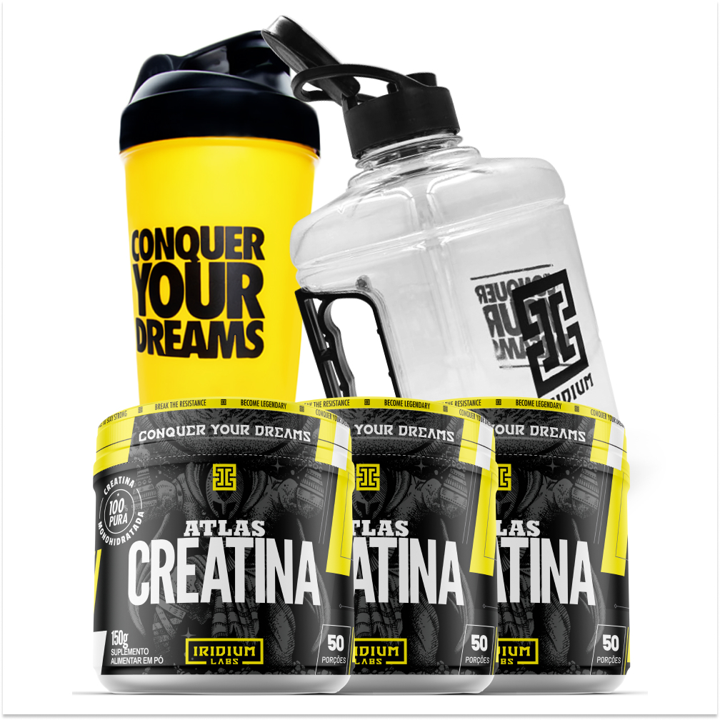 Kit 3x Creatina 150g + Galão 1,5L + Coqueteleira 600ml em Oferta na Shopee