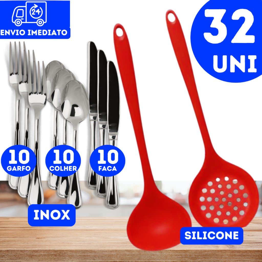 Kit Cozinha 32 Peças Escumadeira Concha de Silicone Garfo Faca Colher Inox Casa Nova Utensílios de Cozinha