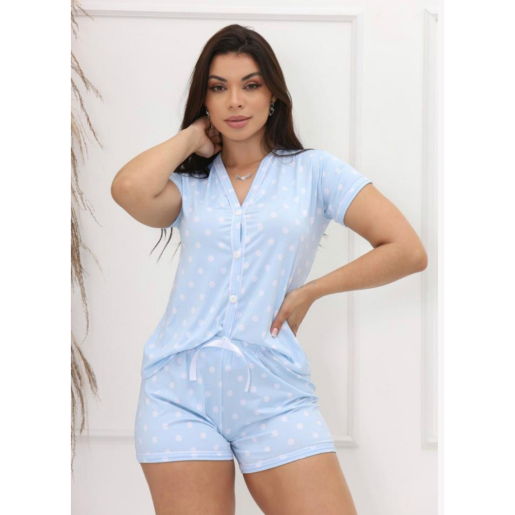Pijama Americano Curto Adulto Feminino Short e Camisa Verão Blogueira Baby Doll Amamentação e Pós Cirúrgico