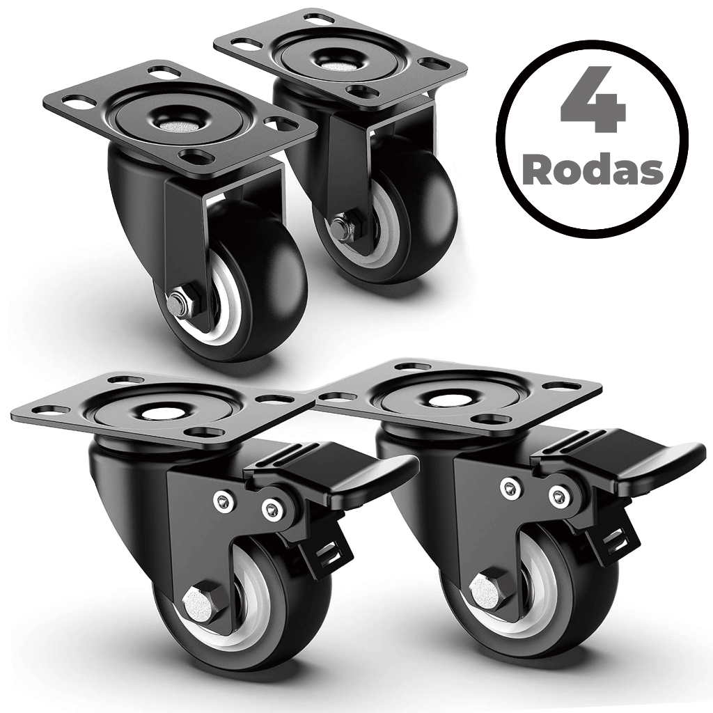 Kit 4 Rodinhas para Móveis Pesados Rodízio Giratório Rodas Giratórias Borracha Com Trava Freio 400kg