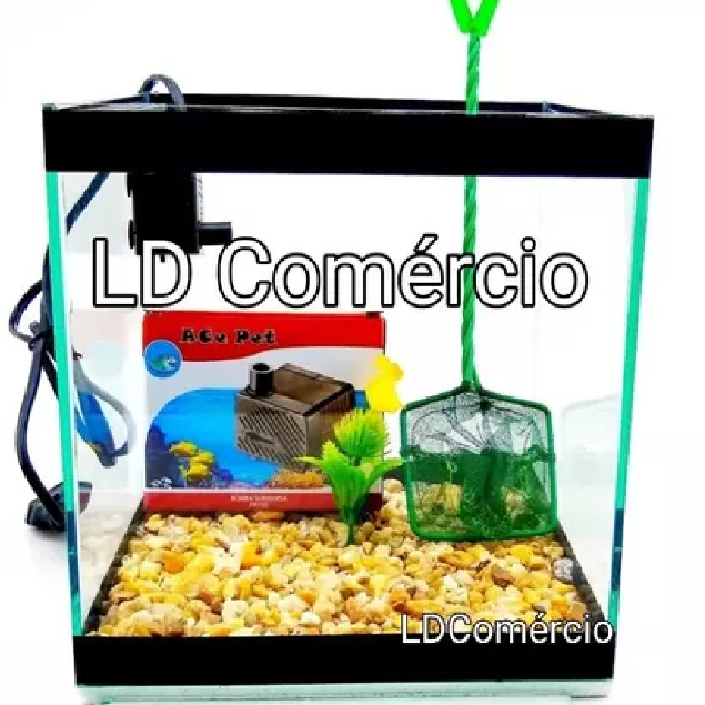 Kit Aquário Cubo Beteira 20x20x20cm Bomba Rede Peixe Beta Pet