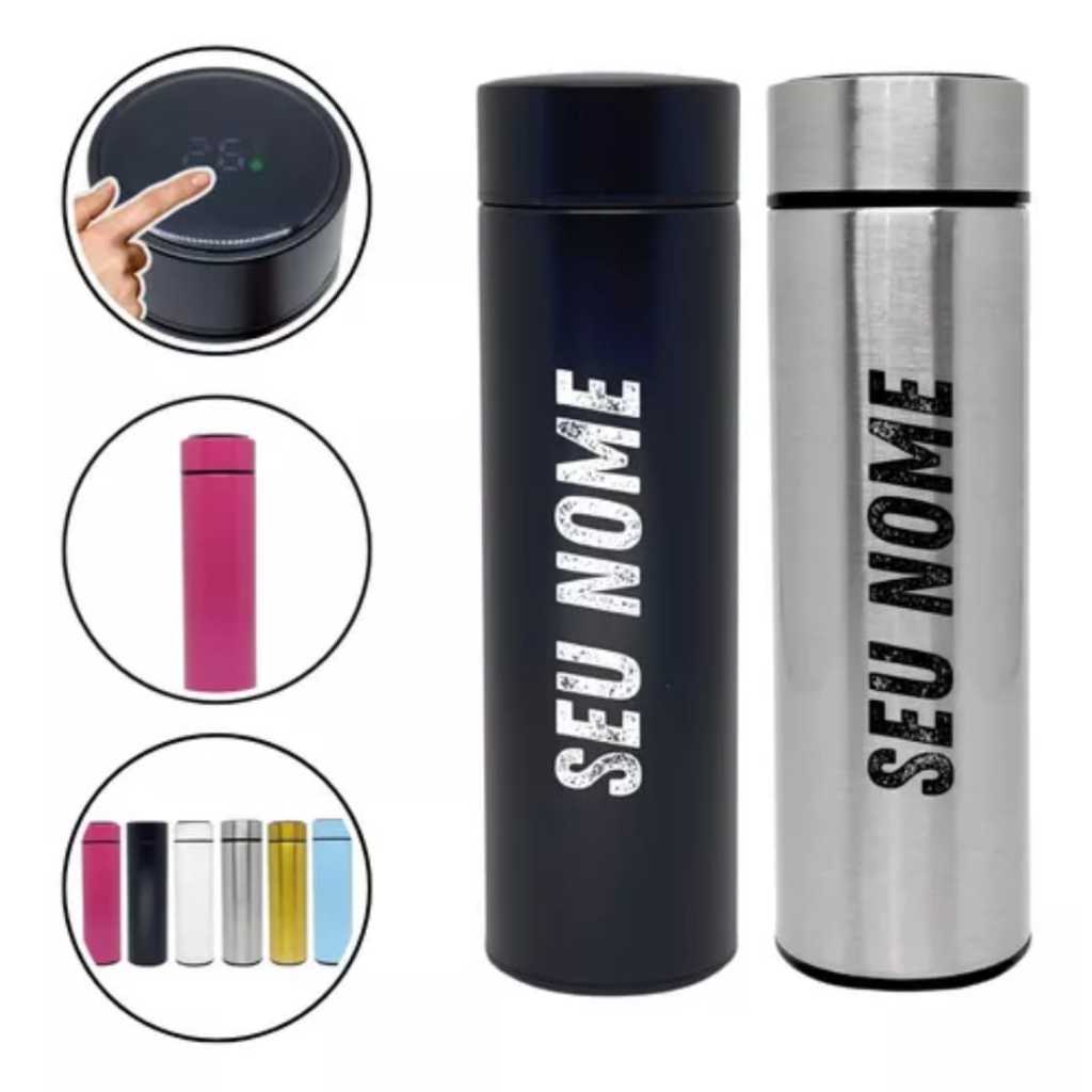 Garrafa Térmica de Inox LED Temometro Medidor de temperatura 500ml + Personalizada Nome Logo e Times