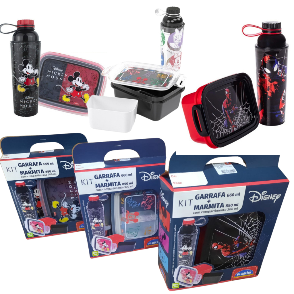 Kit Garrafa E Marmita Hermética Homem Aranha / mickey e amigos +  caixa presente