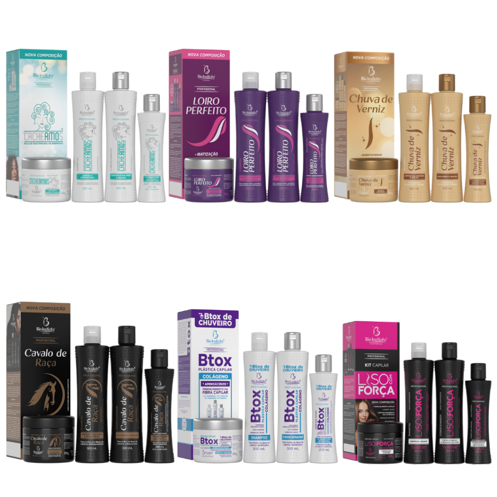 Kit Capilar Profissional 4 Itens Bio Instinto Liso Com Força, Btox Colágeno, Descansa Cabel, Cacheamos, Chuva de Verniz Shampoo + Condicionador + Creme de Pentear + Mascara