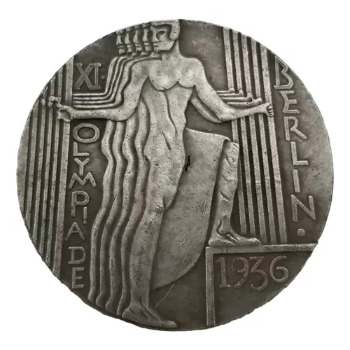 Moeda da Alemanha - Sátira das Olimpíadas de Berlim de 1936 - desenho de Karl Goetz - cópia banhada à prata