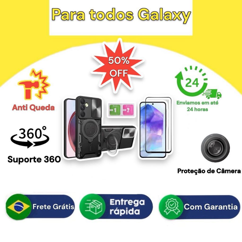 Pelicula Vidro 3d + Capa Anti impacto Armdura Suporte 360 Com Proteção de Câmeras Anti Choque Para Samsung Galaxy A12 A13 A14 A15 A20 A22 A23 A24 A25 A30 A34 A35 A53 A54 A55 A73 M12 M13 M22 M23 M51 M52 M53 M54 M55 S20 S21 S22 S23 S24 Plus Fe Ultra 4G + 5G