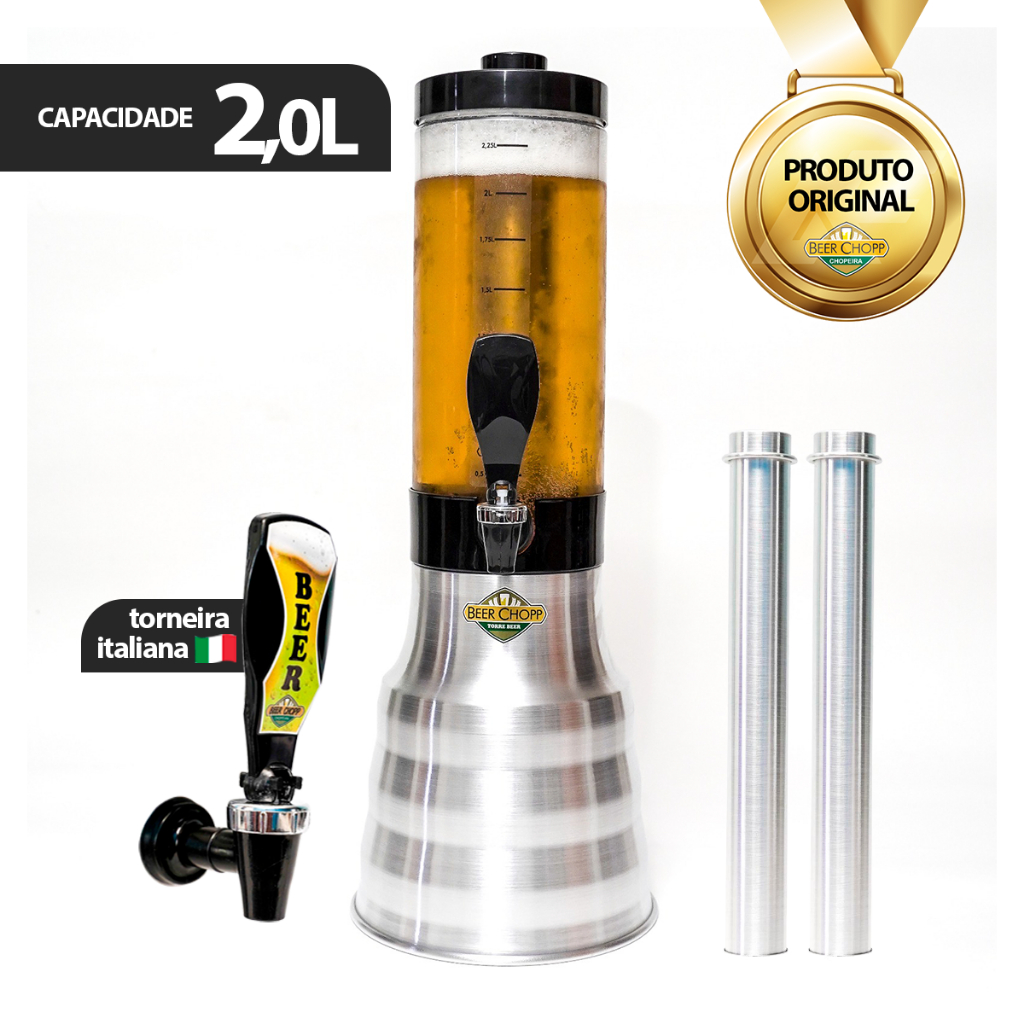 Torre de Chopp 2L C/ Torneira Italiana e Alça de Transporte + 2 Refis Congelantes e Acessórios