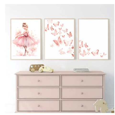 Quadros decorativos Pink Ballerina Girl Unicorn Butterfly Poster, Kids (3 peças)