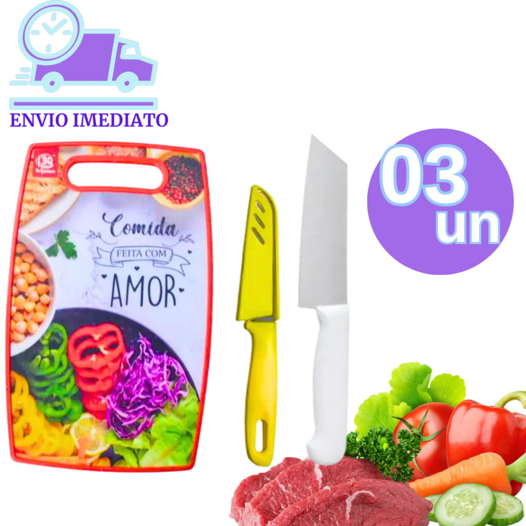 Kit Tábua de Madeira Revestida em Plástico Estampada + Faca N:8 Aço Inox Cabo Branco + Faca Colorida com Capa de Proteção Premium Top1 para Cozinha