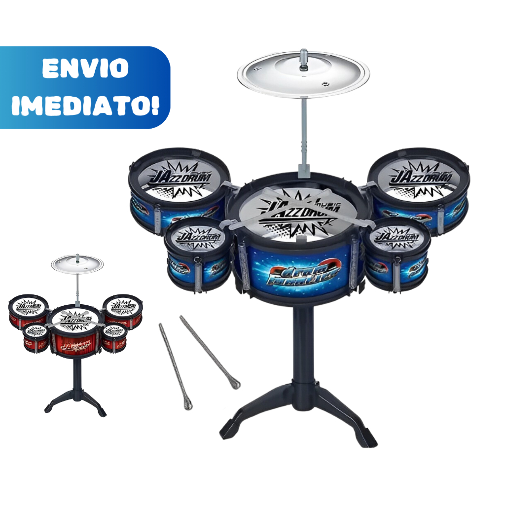 Bateria infantil 5 peças instrumentos musicais azul vermelho Dia das Crianças Presente
