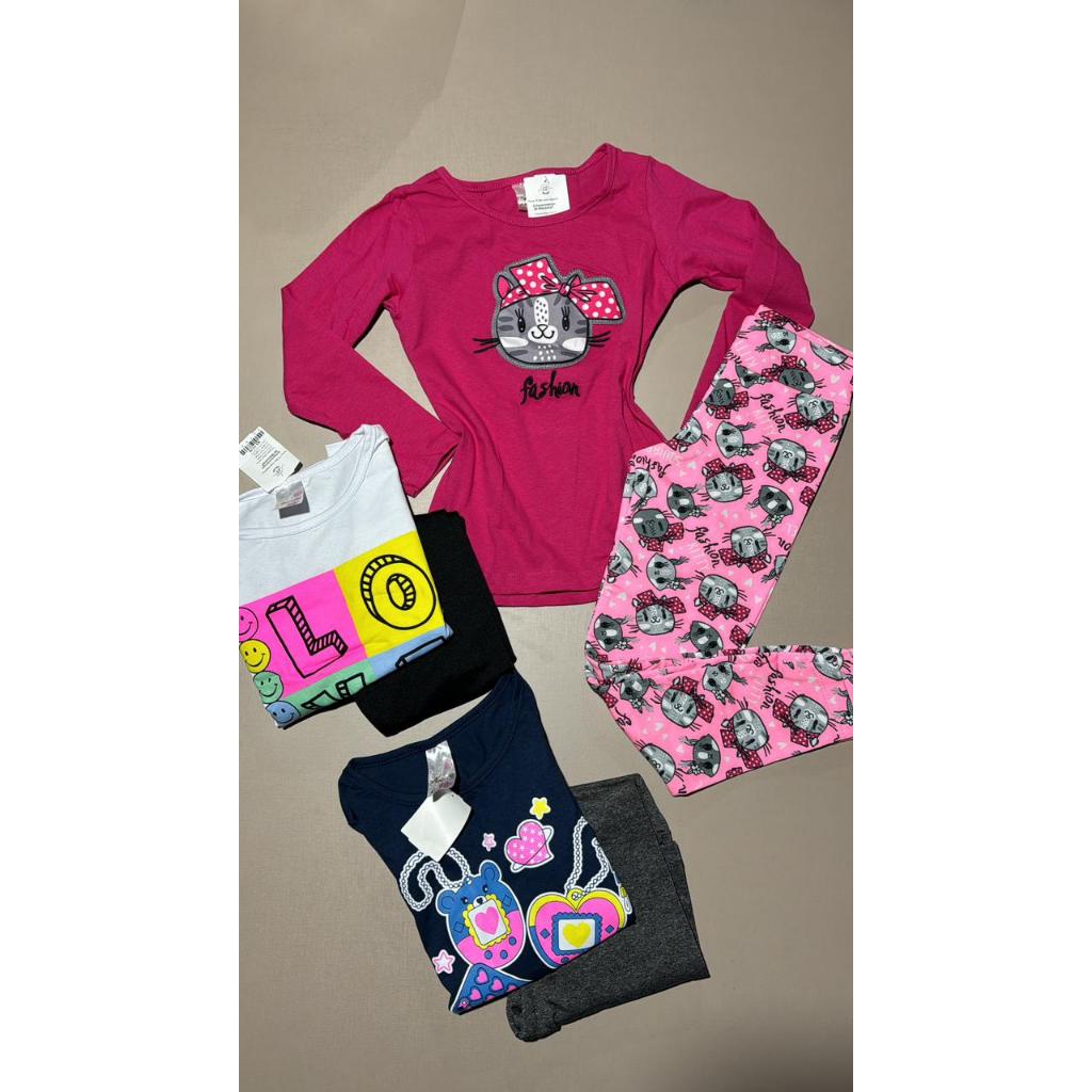 Conjunto infantil e juvenil menina inverno camiseta + legging cotton tamanho 4 6 8 10 12 14  (Modelos sortidos)
