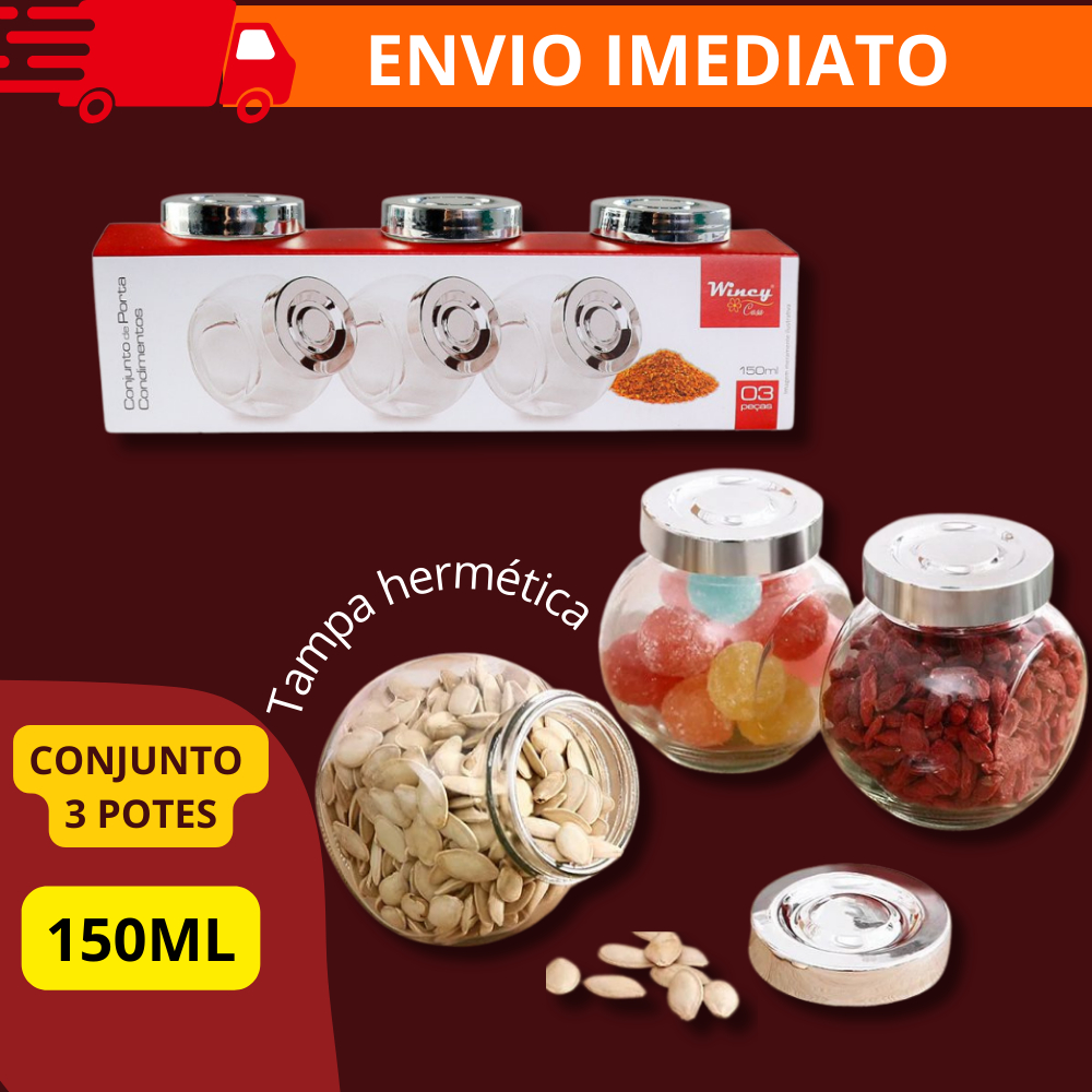 Kit 3 Porta Tempero condimento de vidro 150ml potinho frasco para cozinha tempero chá mantimento tampa cromada conjunto 3 unidades casa decoração