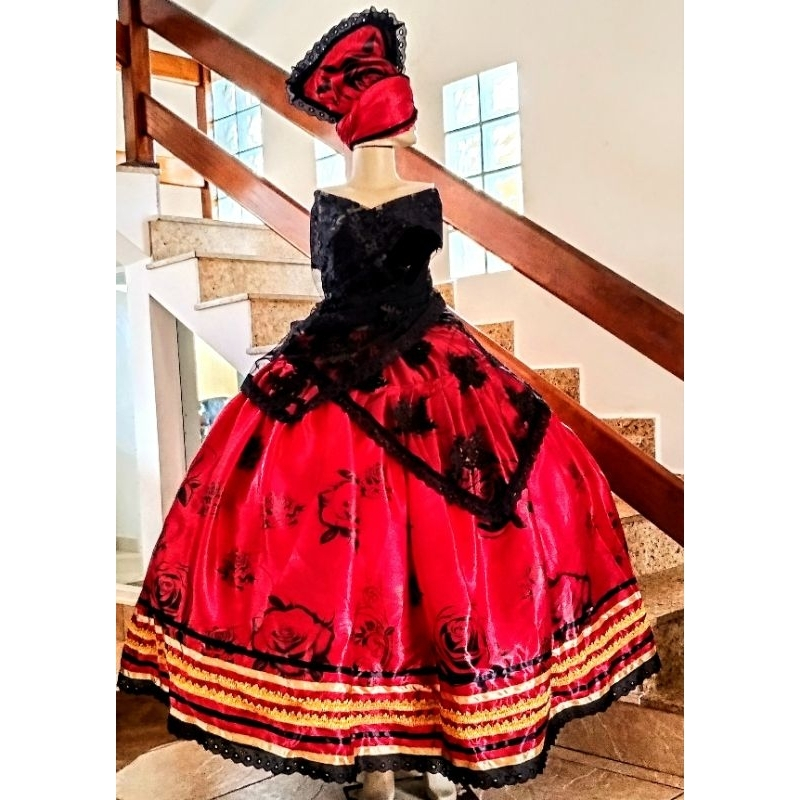 Vestido Pombogira Maria Padilha Vermelho com Preto e Dourado - Vestido Roupa Pombogira