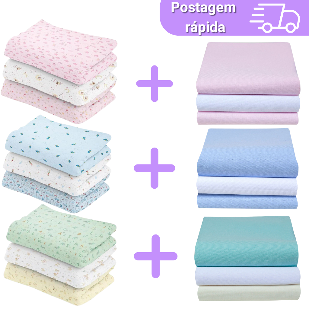 Kit 6 Cueiros de Algodão Flanelado Liso Estampado Infantil Bebe