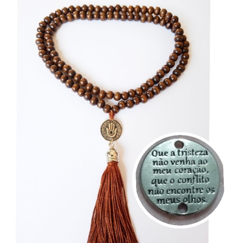 Imagem Japamala 108 Contas Madeira Com Pingente Mão de Fátima Com Frase Rosário Budista Meditação Ref:397