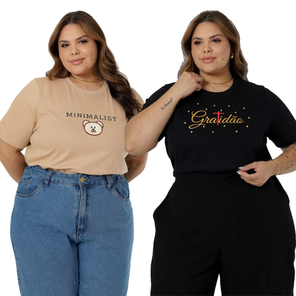 Kit 2 Blusa Feminina Plus Size G1 ao G3  Gola Redonda Camiseta Moda Maior Estampas Variadas Direto de Fábrica em Oferta na Shopee