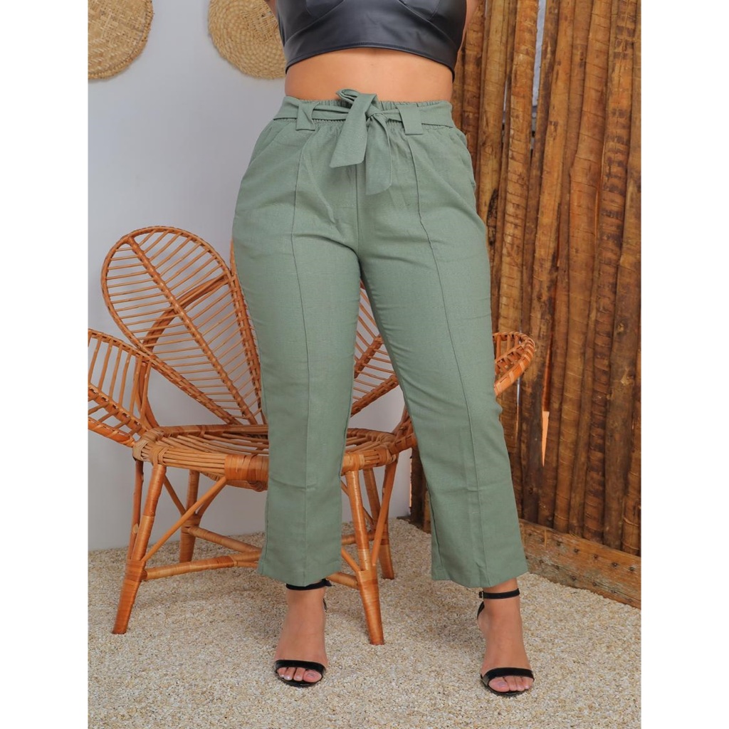 CALÇA FEMININA DE LINHO COM CINTO FAKE E ELASTANO CINTURA ALTO LUXO
