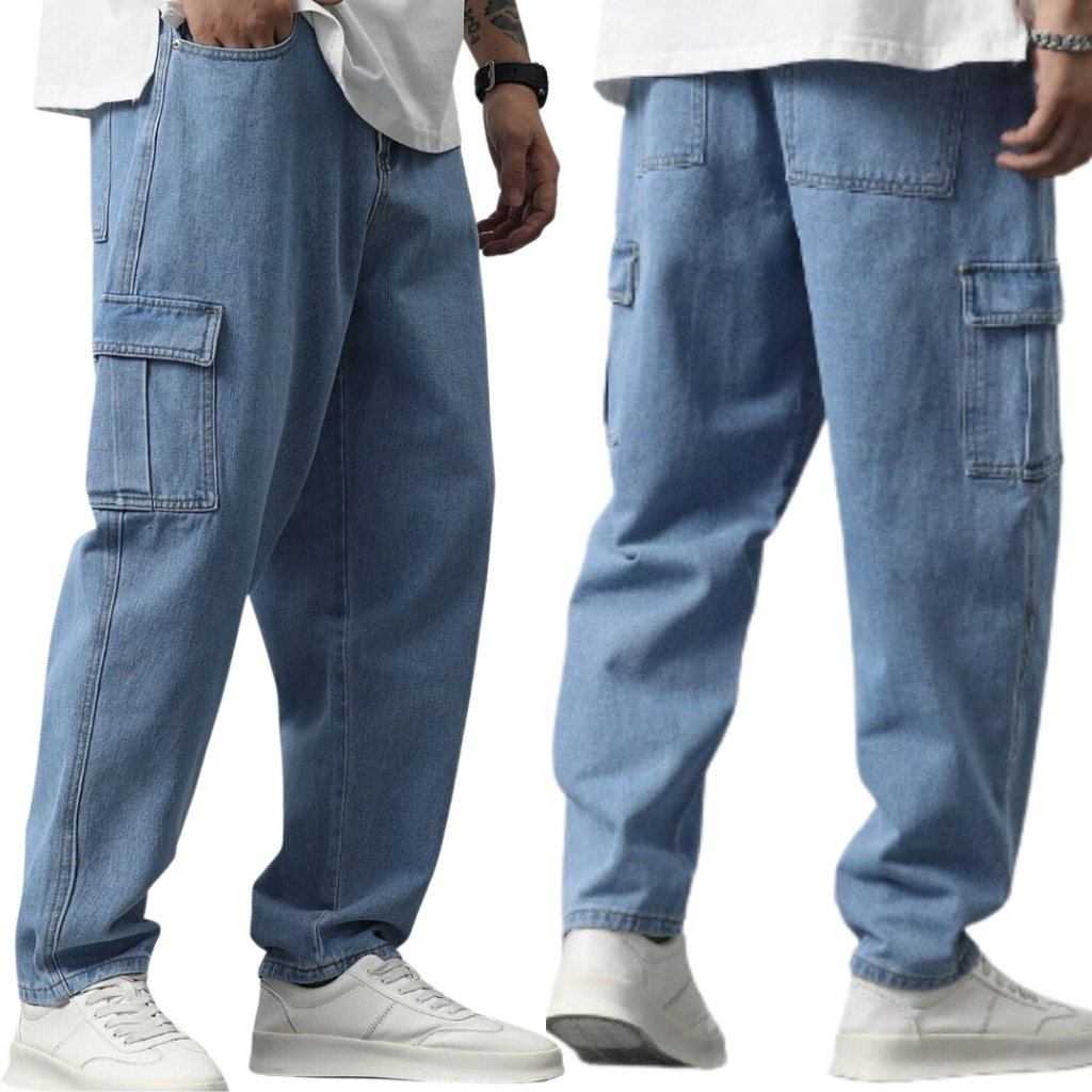 CALÇA CARGO SARJA E JEANS LARGA MASCULINA SKATE, CASUAL, 6 BOLSOS FECHAMENTO CORDÃO MODA UNISSEX