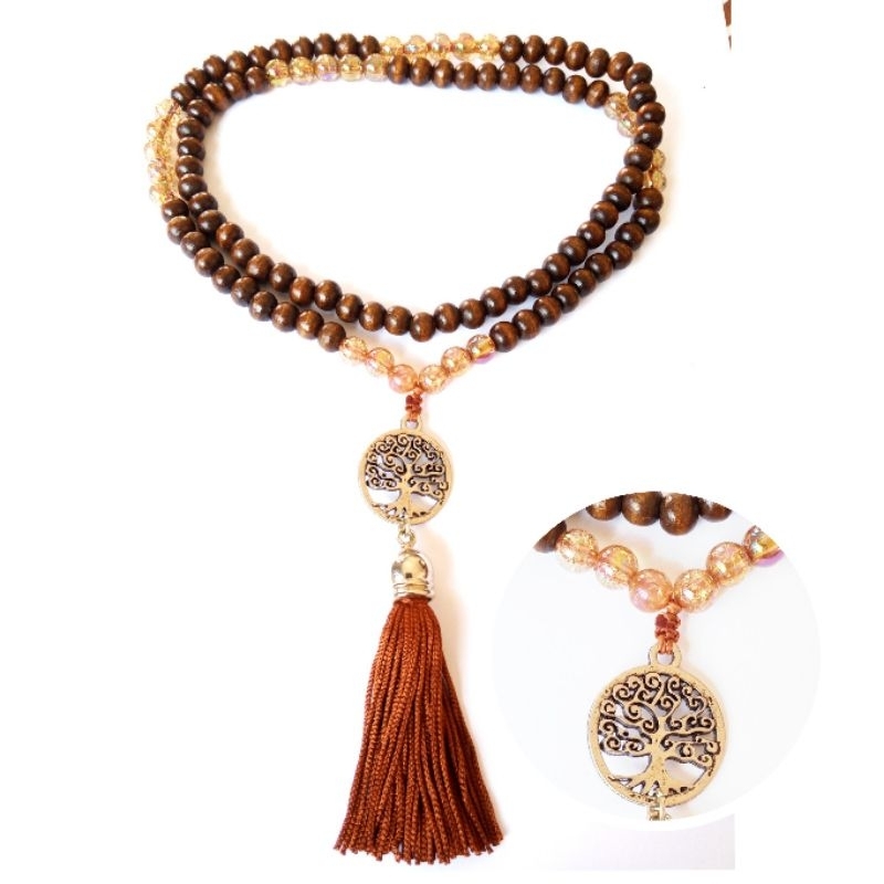 Imagem Japamala 108 Contas Madeira Com Irisada Marrom Dourado e Ping. Árvore da Vida Rosário Budista Ref:402