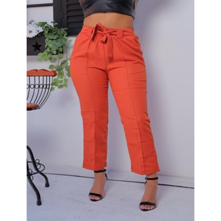 CALÇA DE LINHO COM CINTO FAKE E ELASTICO CINTURA ALTO MODELO LUXO em Oferta na Shopee