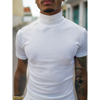 Camiseta Masculina Canelada Gola Alta Slim Estilo Old Money Gringa em Oferta na Shopee