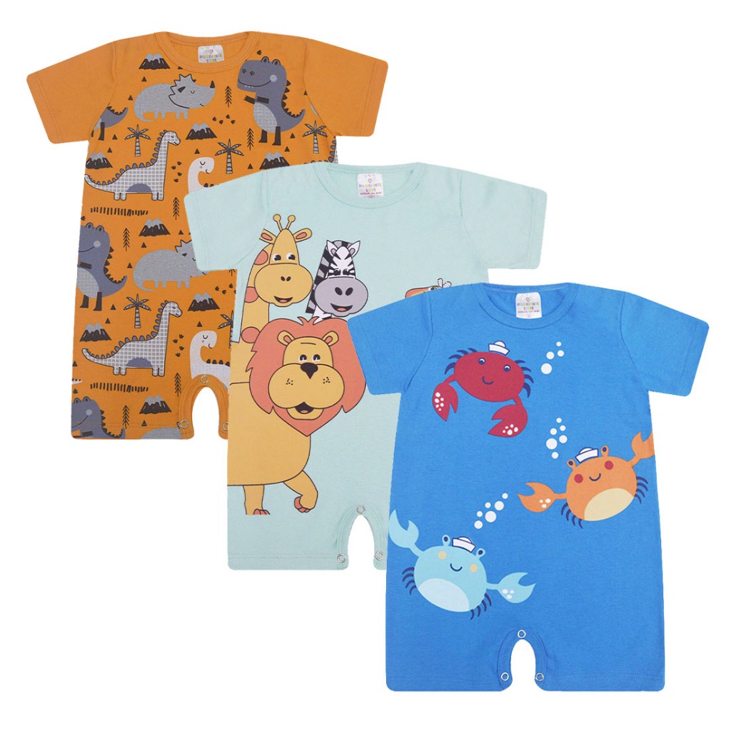 Kit 3 peças Macacão curto, Romper, macaquinho Menino, banho de sol verão, tamanho 1, 2 e 3