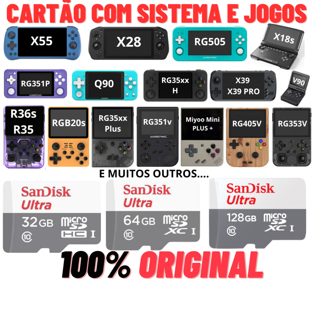 Cartão de memoria Original com Sistema & Jogos para consoles portateis chineses Cartão Original Sandisk Classe 10 Reposição Buckup R36s R35 Miyoo Mini Plus RG505 RG556 Trimui Q90 V90 M17 RG353P RG353 V RG35xx Plus H