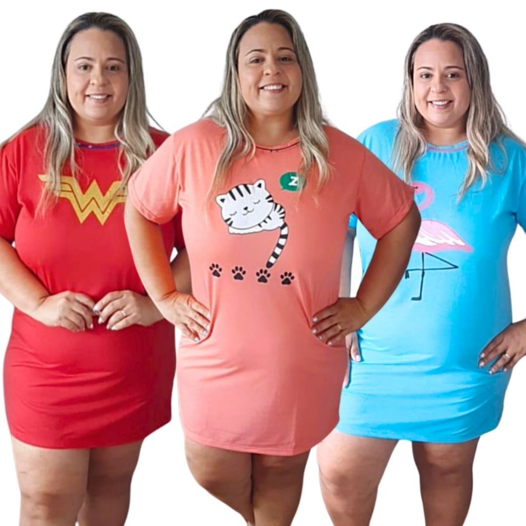 Camisola Plus Size Feminina Personagem Manga Curta / Camisola de Dormir / Roupa de Dormir