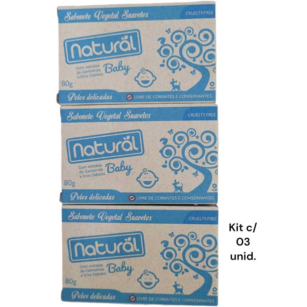 Kit Com 03 Unidades de Sabonete em Barra Natural Baby com Extrato de Camomila e Erva Cidreira 80g