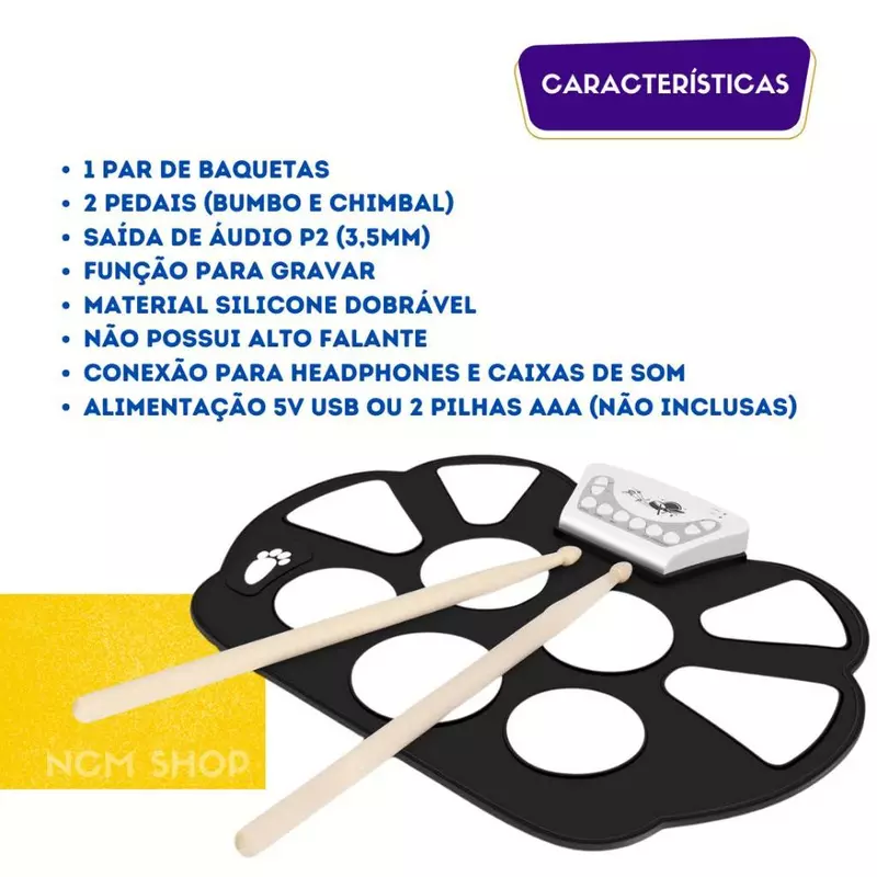 Bateria Musical Eletrônica Portátil de Silicone Dobrável Roll Up — foto 3