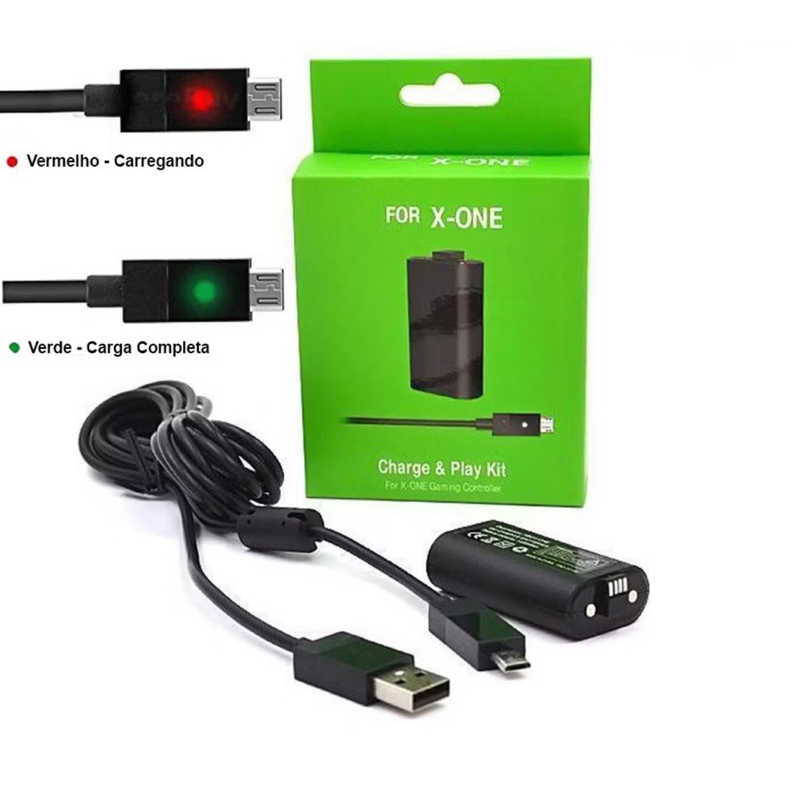 Kit Charge And Play Bateria Controle Xbox One S X e Elite Recarregável e Cabo Carregador Usb 1400mah