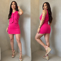 Conjunto Alfaiataria Feminino Rosa Escuro Colete + Short Saia | P ao G1