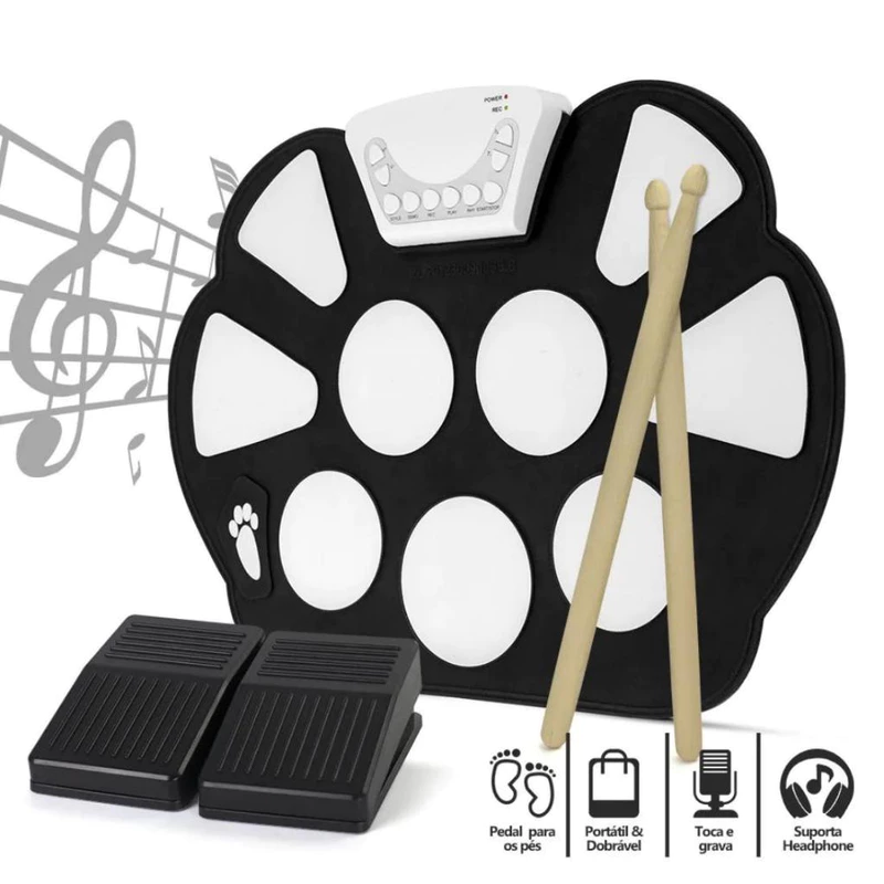 Bateria Musical Eletrônica Portátil de Silicone Dobrável Roll Up
