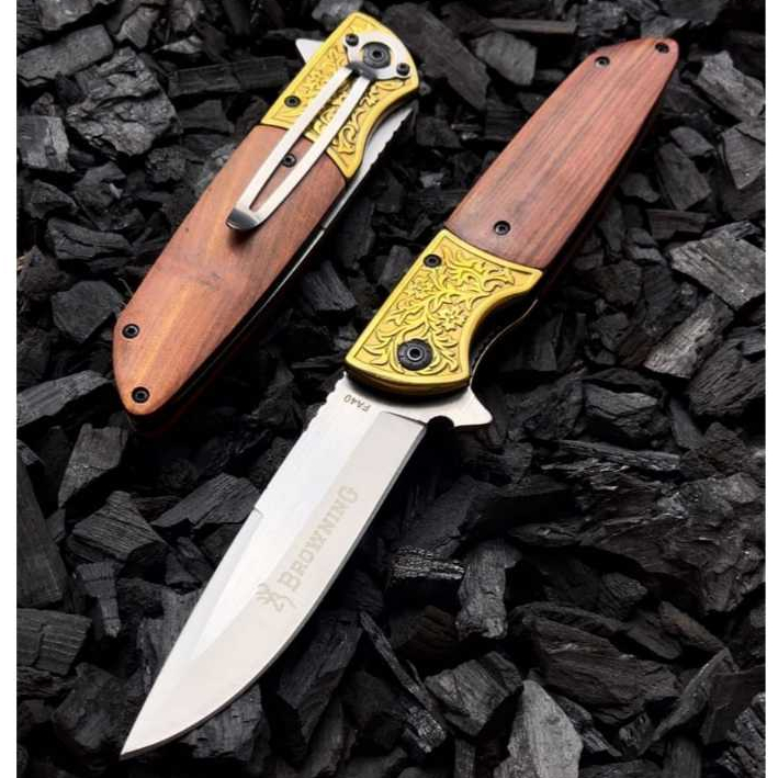 Canivete Semi Automático Browning Trabalhado em Madeira e Metal Pesca Caça Camping